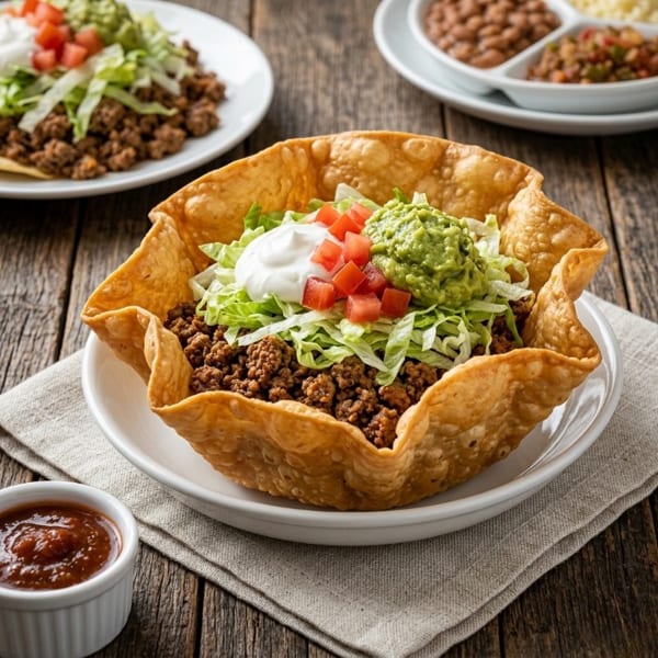 Taco salad in a crispy tortilla bowl with ground beef, lettuce, sour cream, guacamole, and diced tomatoes.