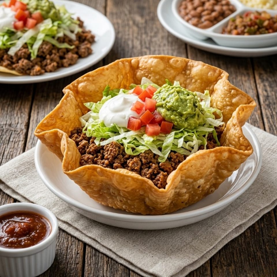 Taco salad in a crispy tortilla bowl with ground beef, lettuce, sour cream, guacamole, and diced tomatoes.